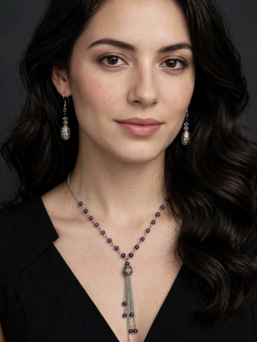 Silver & Amethyst Bead Tassel Necklace - Elegant Purple & Earrin Newjrrk$"V 's